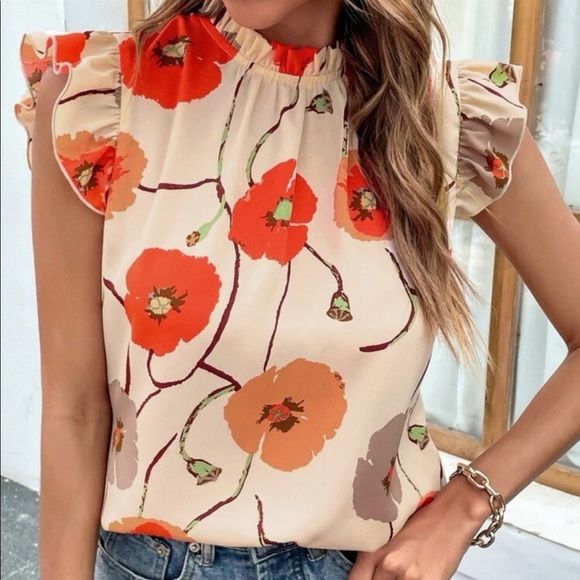 Boho Floral Print Ruffle Flutter Sleeve Blouse Top - Picture 2 of 7